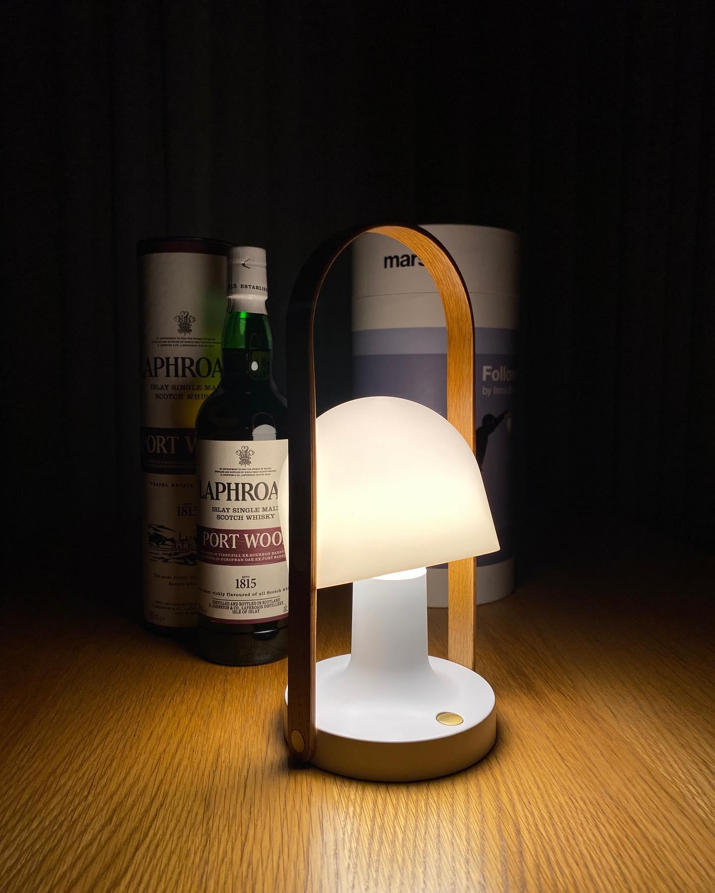 Portable Rechargeable Glass Bedside Table Lamp with Adjustable Tilting Shade and Wood Finish