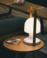 Portable Rechargeable Glass Bedside Table Lamp with Adjustable Tilting Shade and Wood Finish