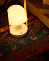Portable Rechargeable Glass Bedside Table Lamp with Adjustable Tilting Shade and Wood Finish
