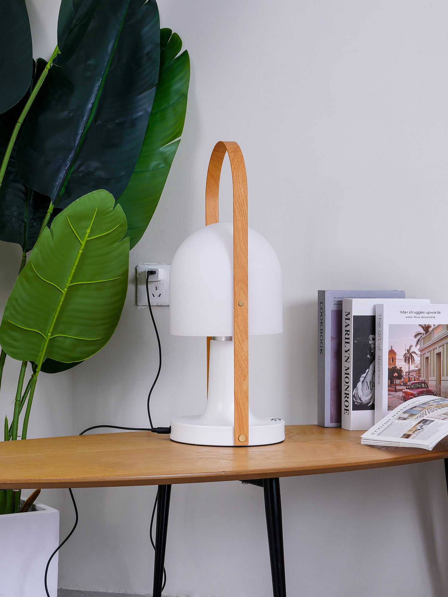Portable Rechargeable Glass Bedside Table Lamp with Adjustable Tilting Shade and Wood Finish