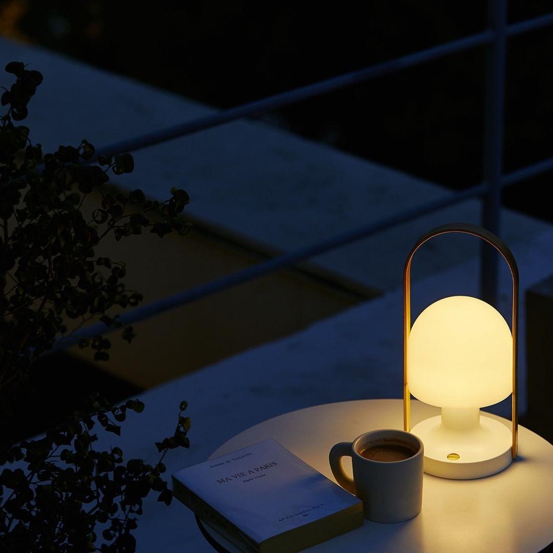 Portable Rechargeable Glass Bedside Table Lamp with Adjustable Tilting Shade and Wood Finish