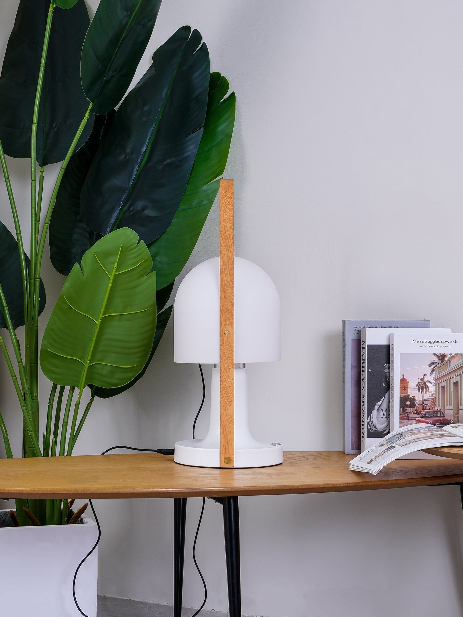 Portable Rechargeable Glass Bedside Table Lamp with Adjustable Tilting Shade and Wood Finish