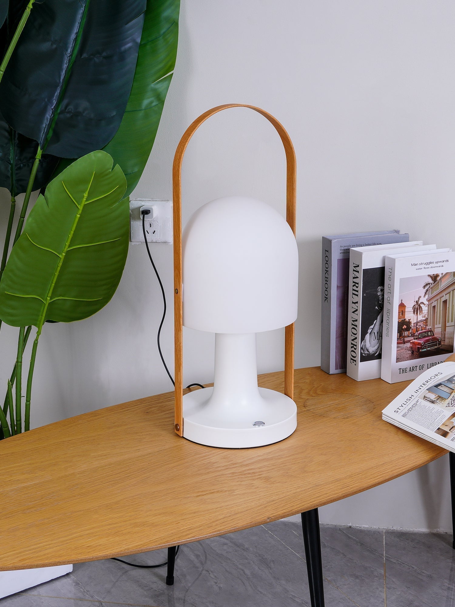 Portable Rechargeable Glass Bedside Table Lamp with Adjustable Tilting Shade and Wood Finish