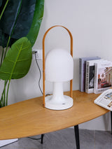 Portable Rechargeable Glass Bedside Table Lamp with Adjustable Tilting Shade and Wood Finish