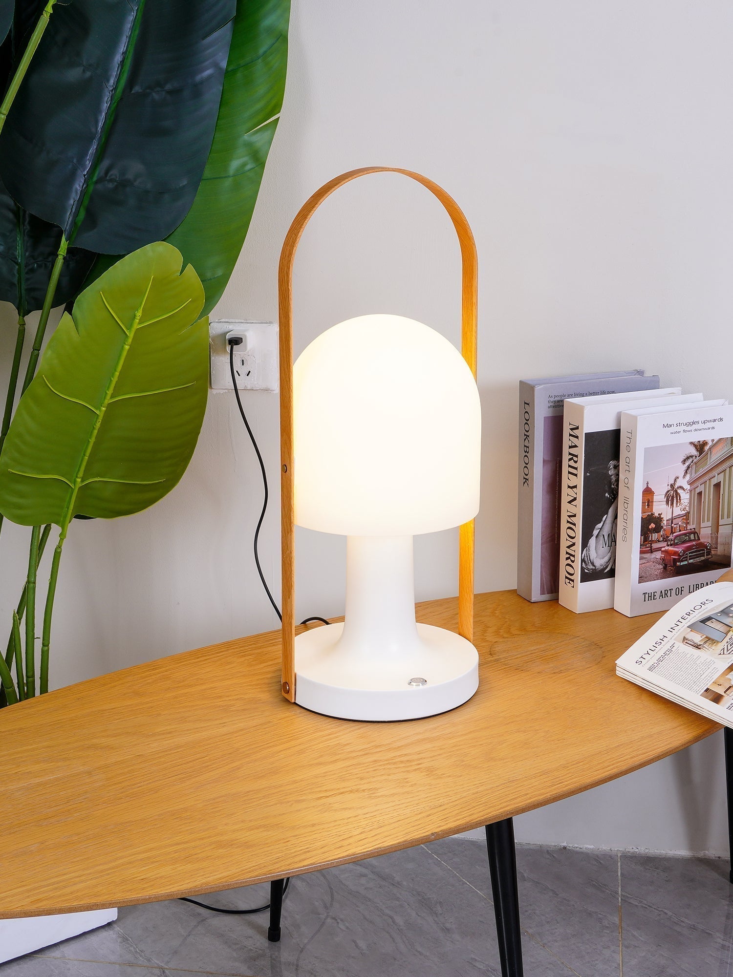 Portable Rechargeable Glass Bedside Table Lamp with Adjustable Tilting Shade and Wood Finish