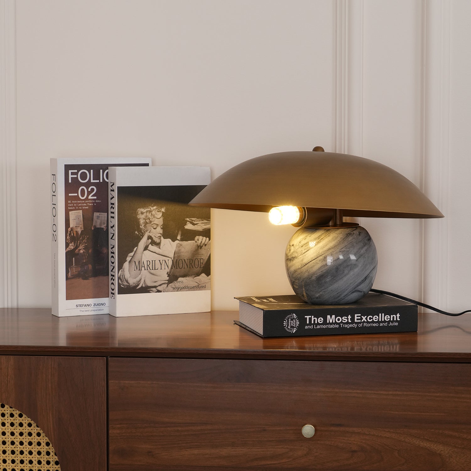 Formosa Modern Marble Sphere Table Lamp with Bronze Metal Tilt Shade for Bedroom and Living Room