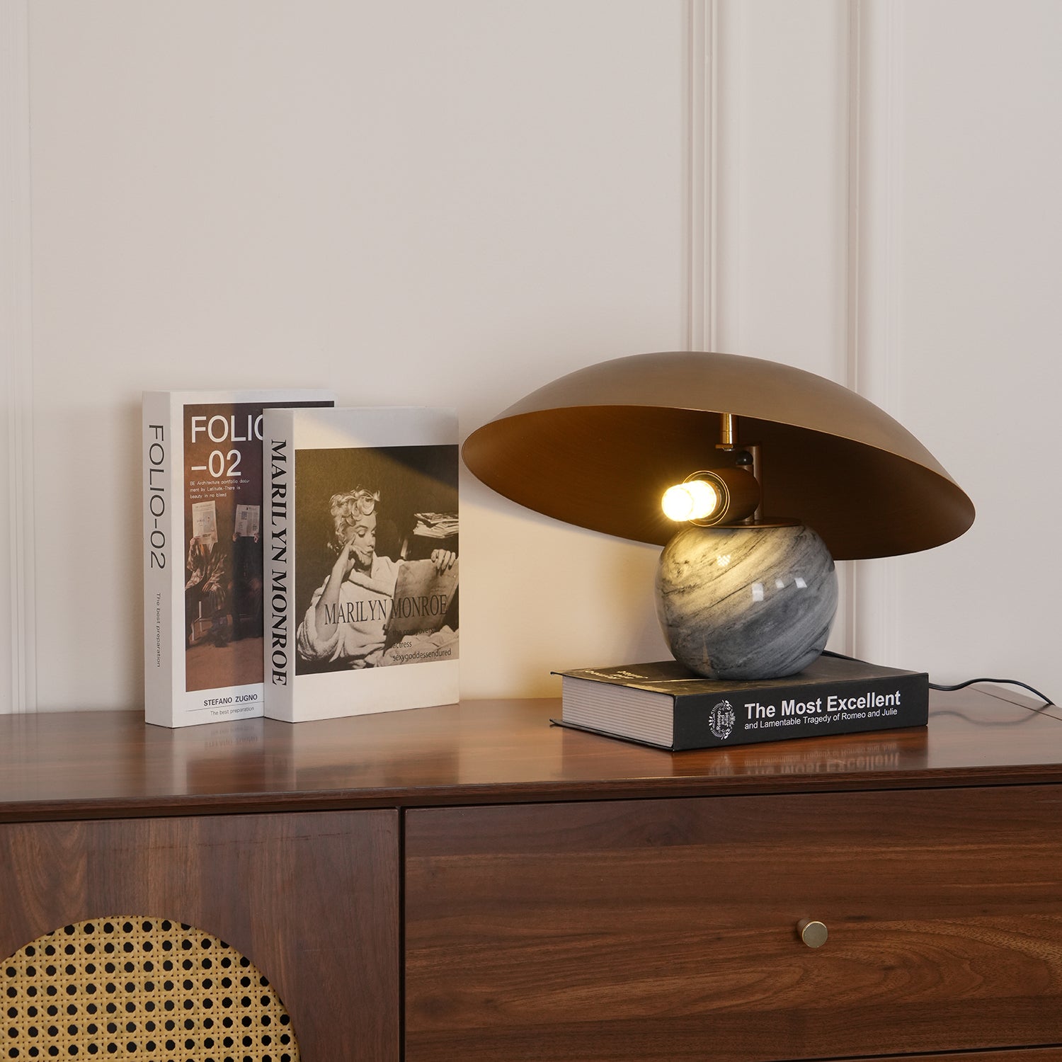 Formosa Modern Marble Sphere Table Lamp with Bronze Metal Tilt Shade for Bedroom and Living Room