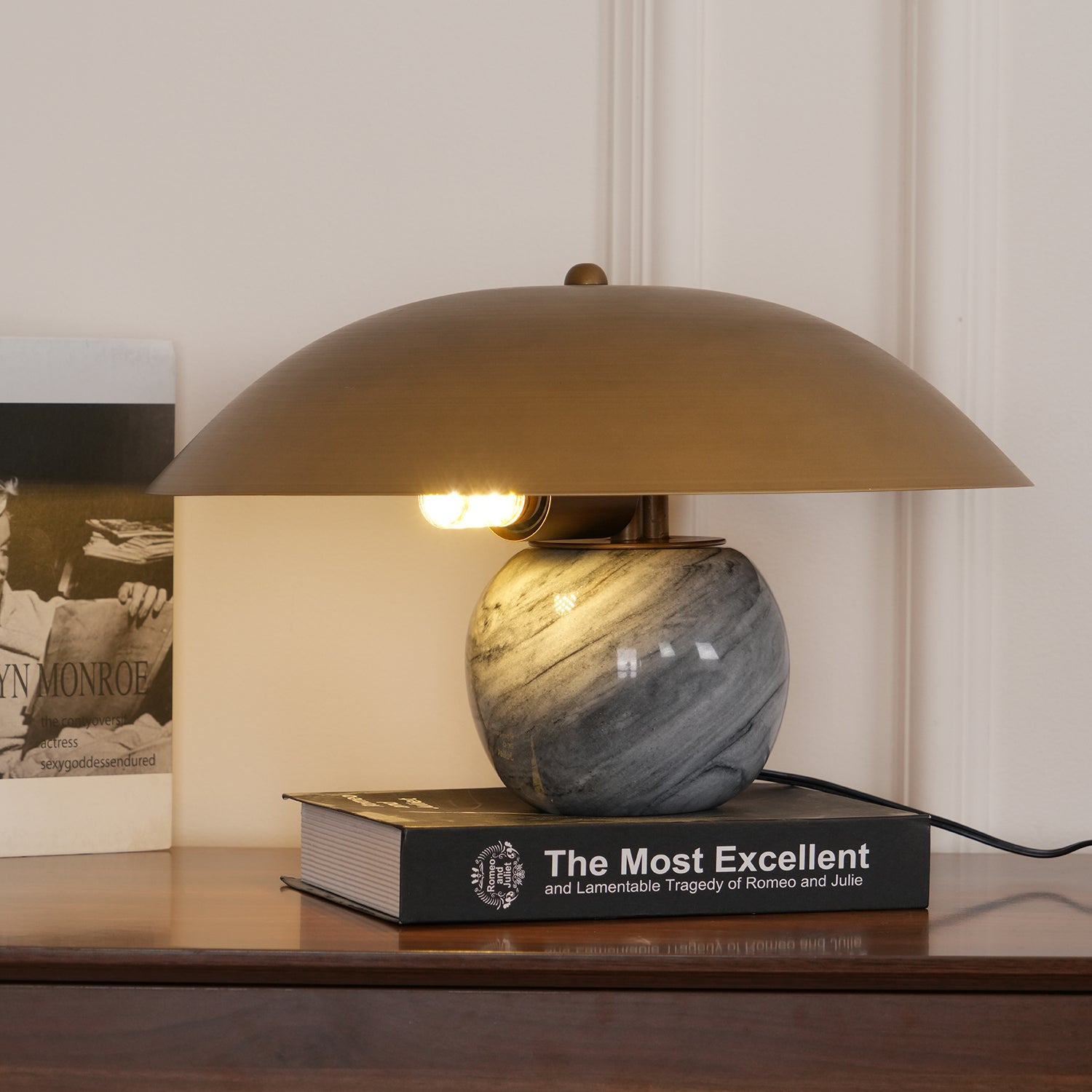 Formosa Modern Marble Sphere Table Lamp with Bronze Metal Tilt Shade for Bedroom and Living Room