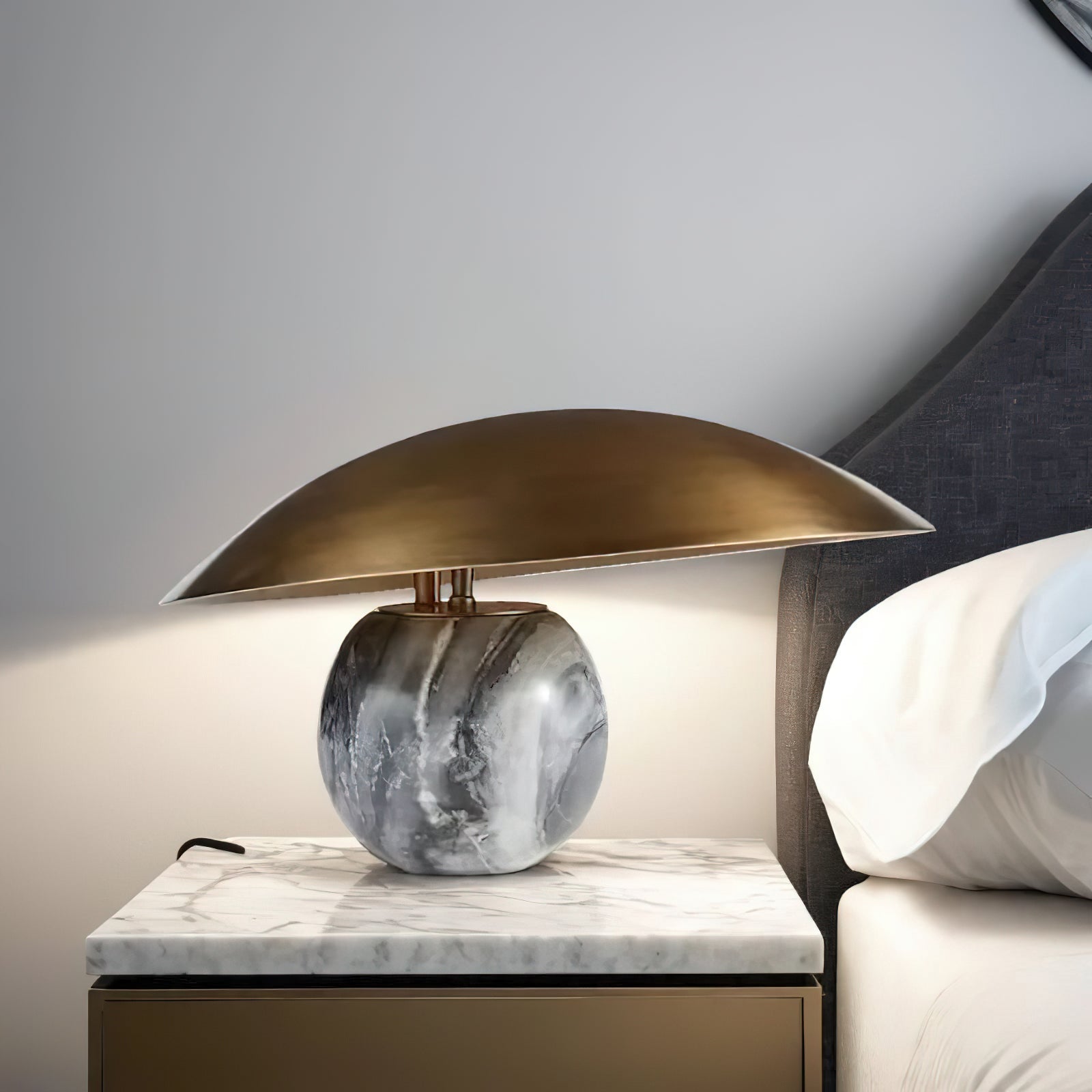 Formosa Modern Marble Sphere Table Lamp with Bronze Metal Tilt Shade for Bedroom and Living Room