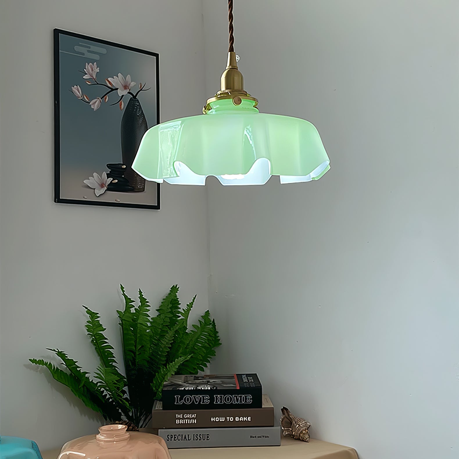 Vintage Ceramic Pleated Floral Pendant Light French Style Brass Hanging Ceiling Lamp