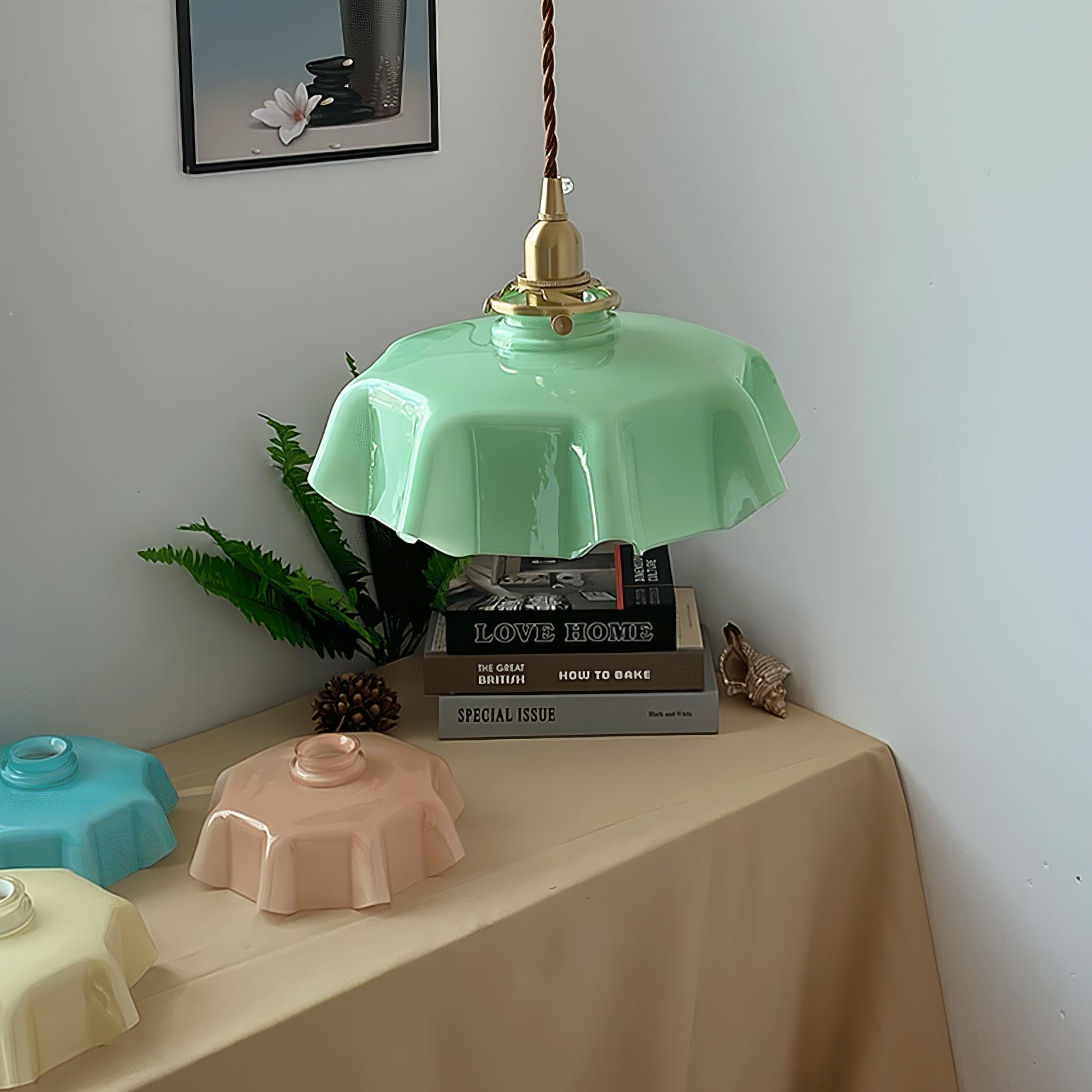 Vintage Ceramic Pleated Floral Pendant Light French Style Brass Hanging Ceiling Lamp