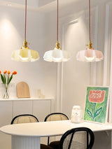 Vintage Ceramic Pleated Floral Pendant Light French Style Brass Hanging Ceiling Lamp
