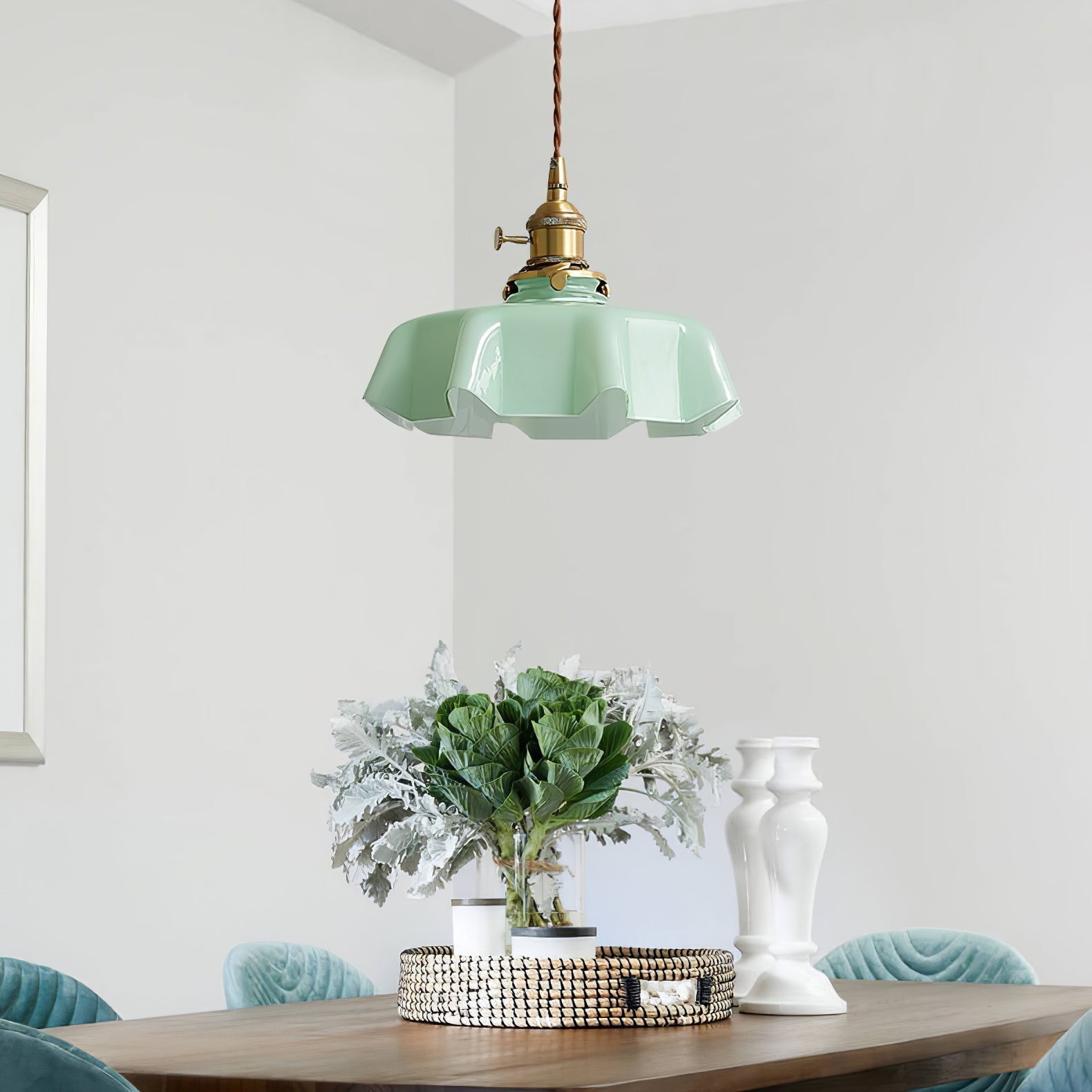 Vintage Ceramic Pleated Floral Pendant Light French Style Brass Hanging Ceiling Lamp