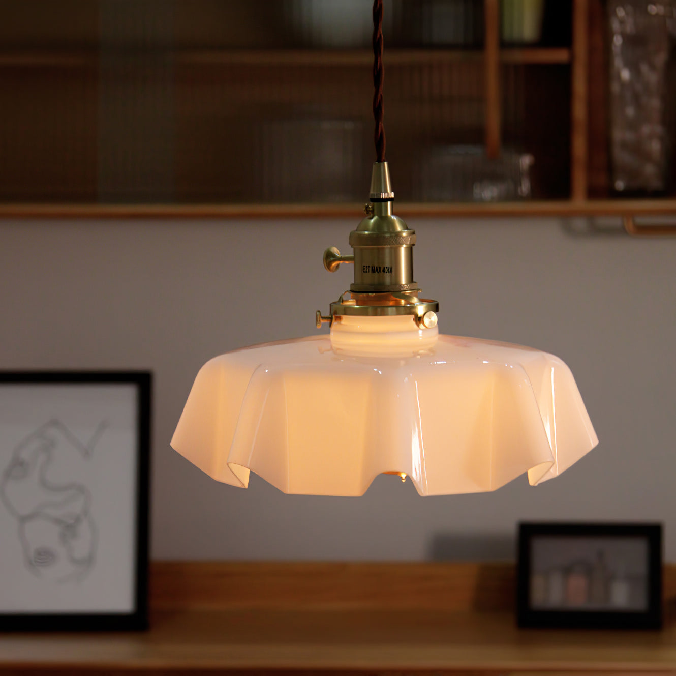 Vintage Ceramic Pleated Floral Pendant Light French Style Brass Hanging Ceiling Lamp