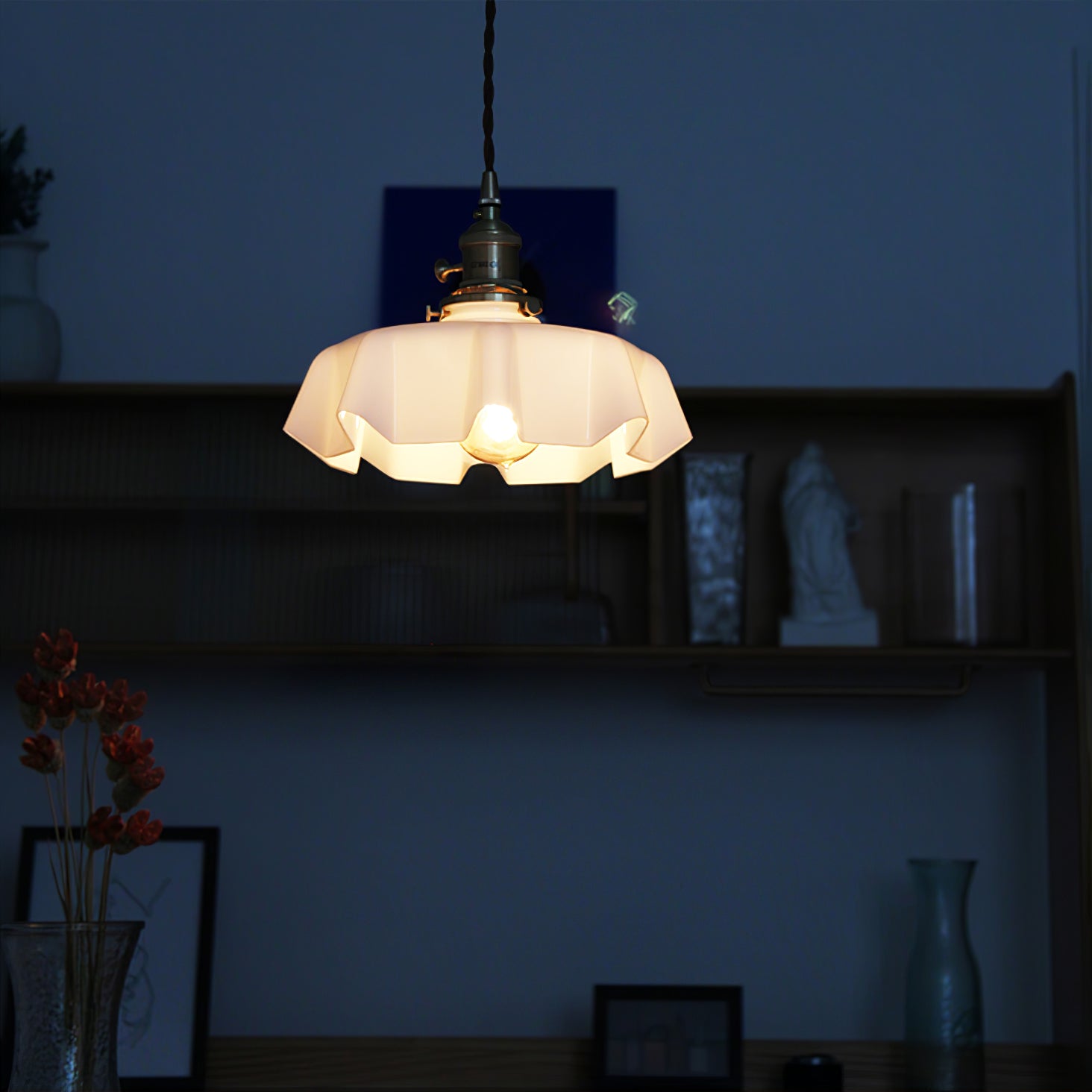 Vintage Ceramic Pleated Floral Pendant Light French Style Brass Hanging Ceiling Lamp