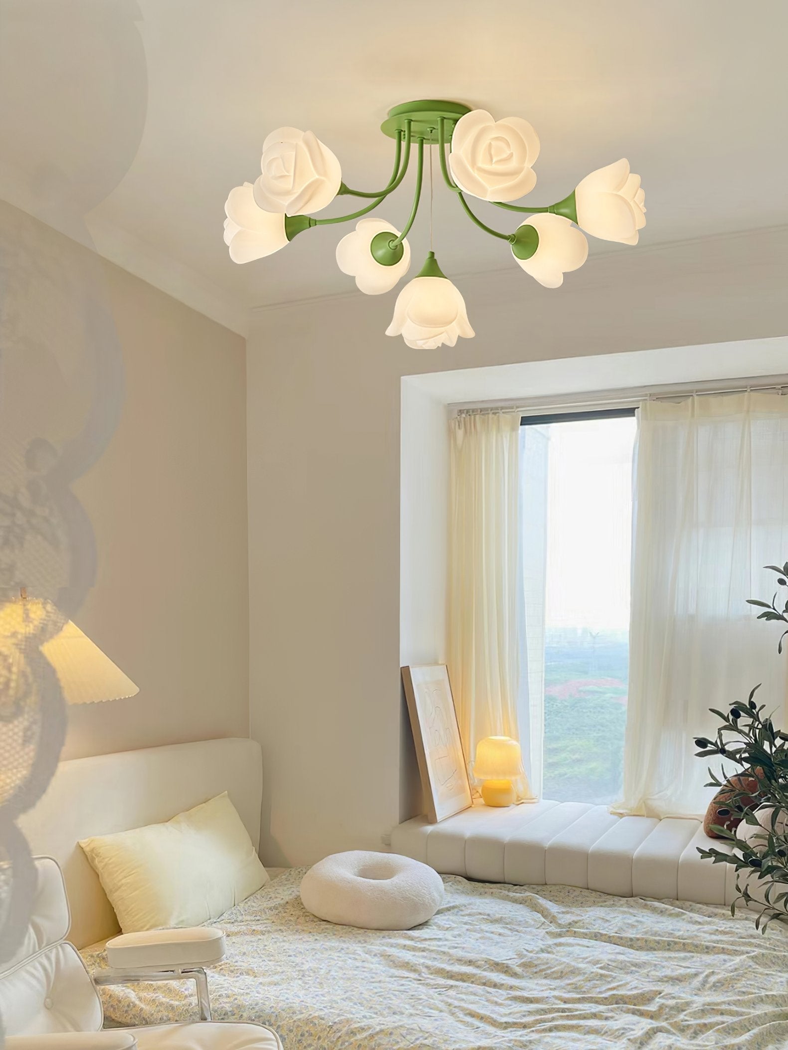 elegant-floral-rose-ceiling-light-fixture-for-romantic-bedroom-decor-white-and-green-finishes