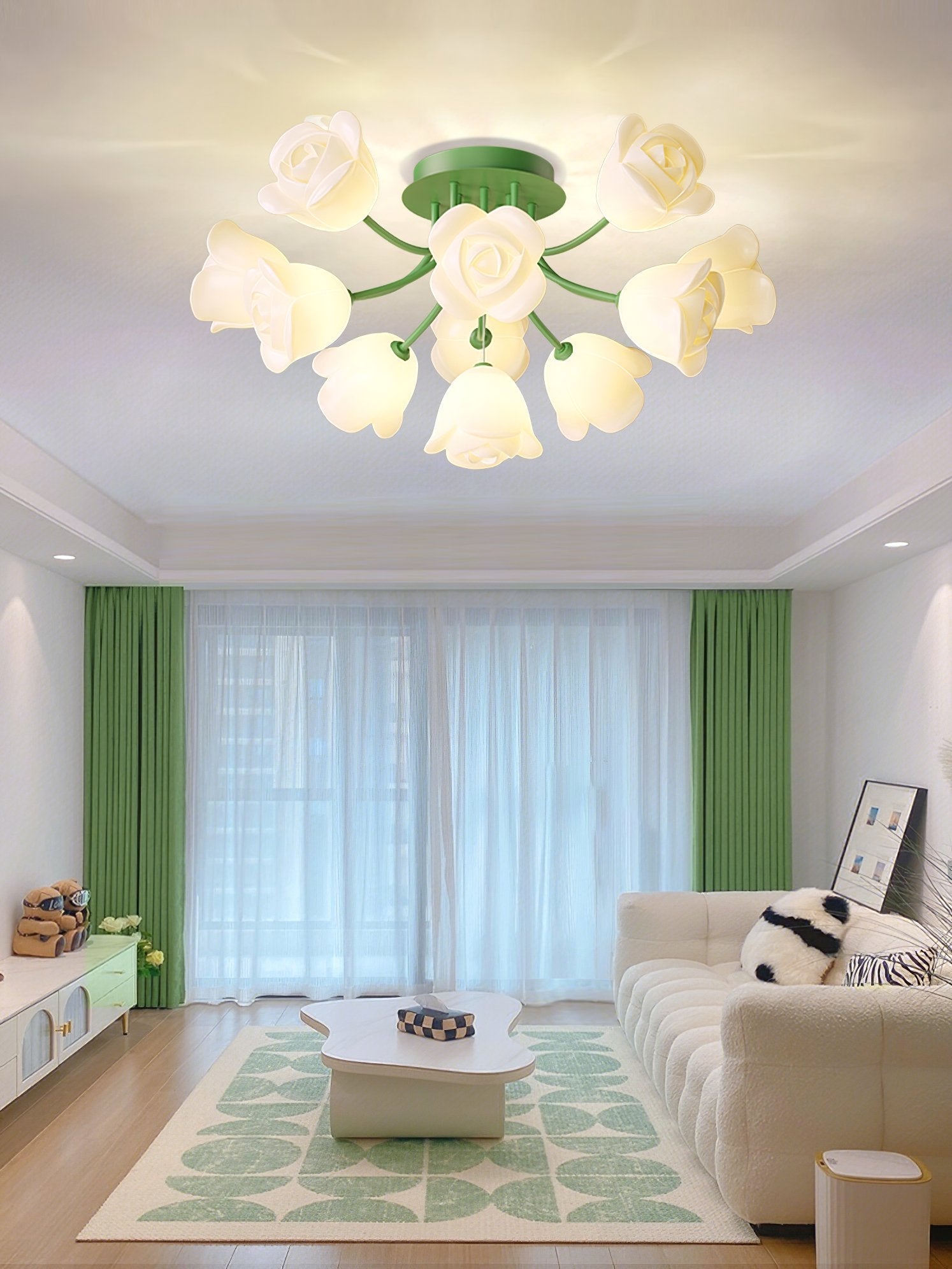 elegant-floral-rose-ceiling-light-fixture-for-romantic-bedroom-decor-white-and-green-finishes