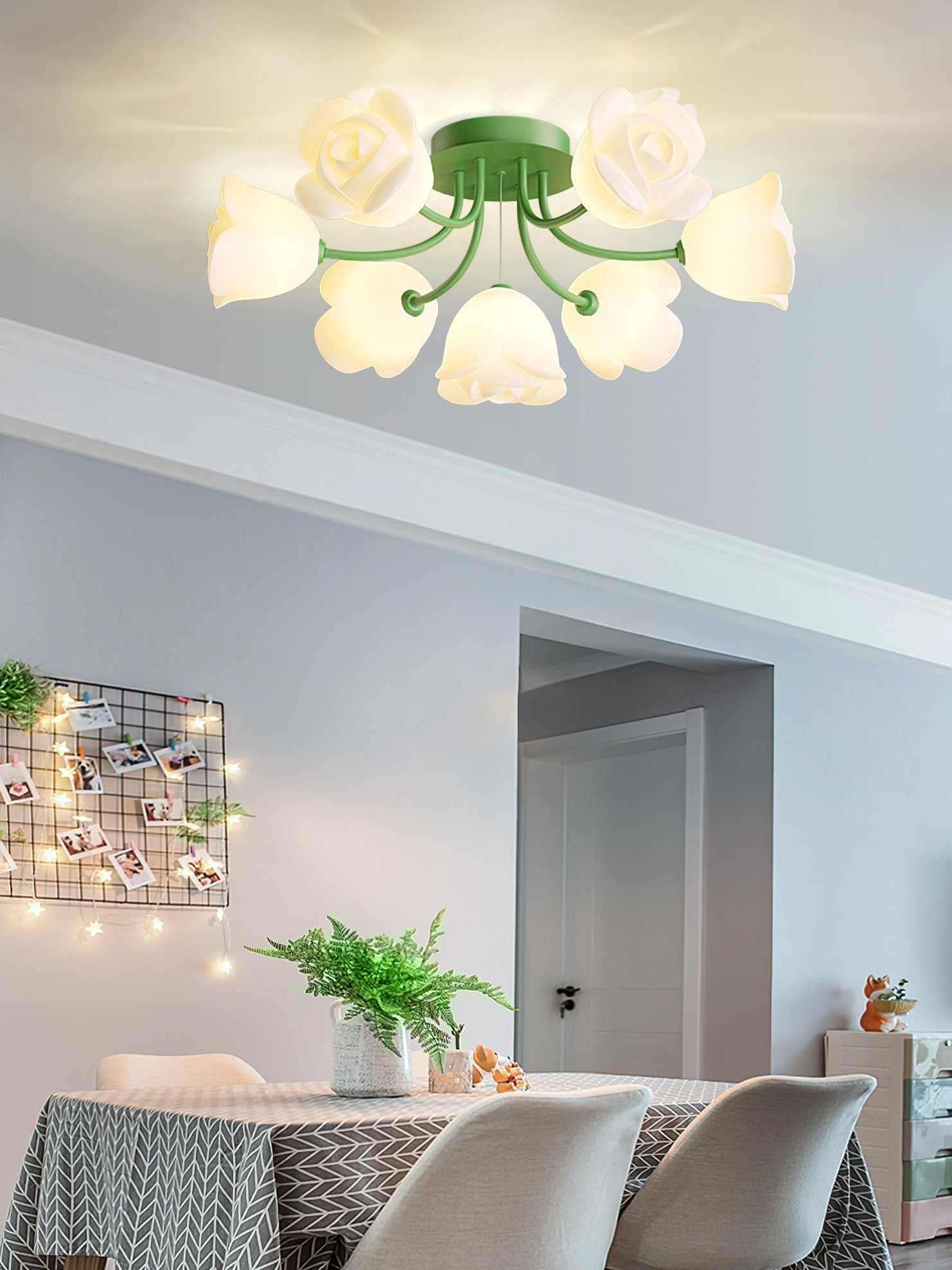 elegant-floral-rose-ceiling-light-fixture-for-romantic-bedroom-decor-white-and-green-finishes