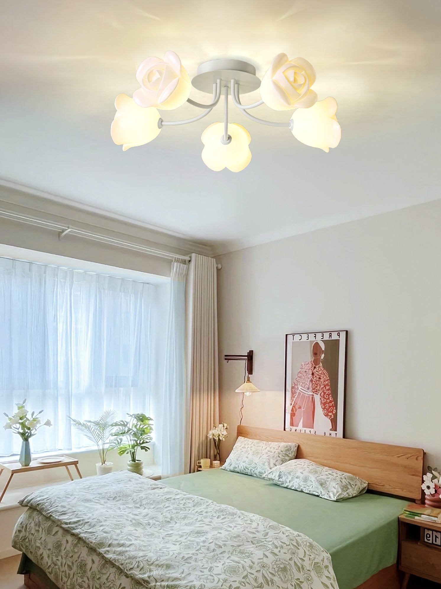 elegant-floral-rose-ceiling-light-fixture-for-romantic-bedroom-decor-white-and-green-finishes