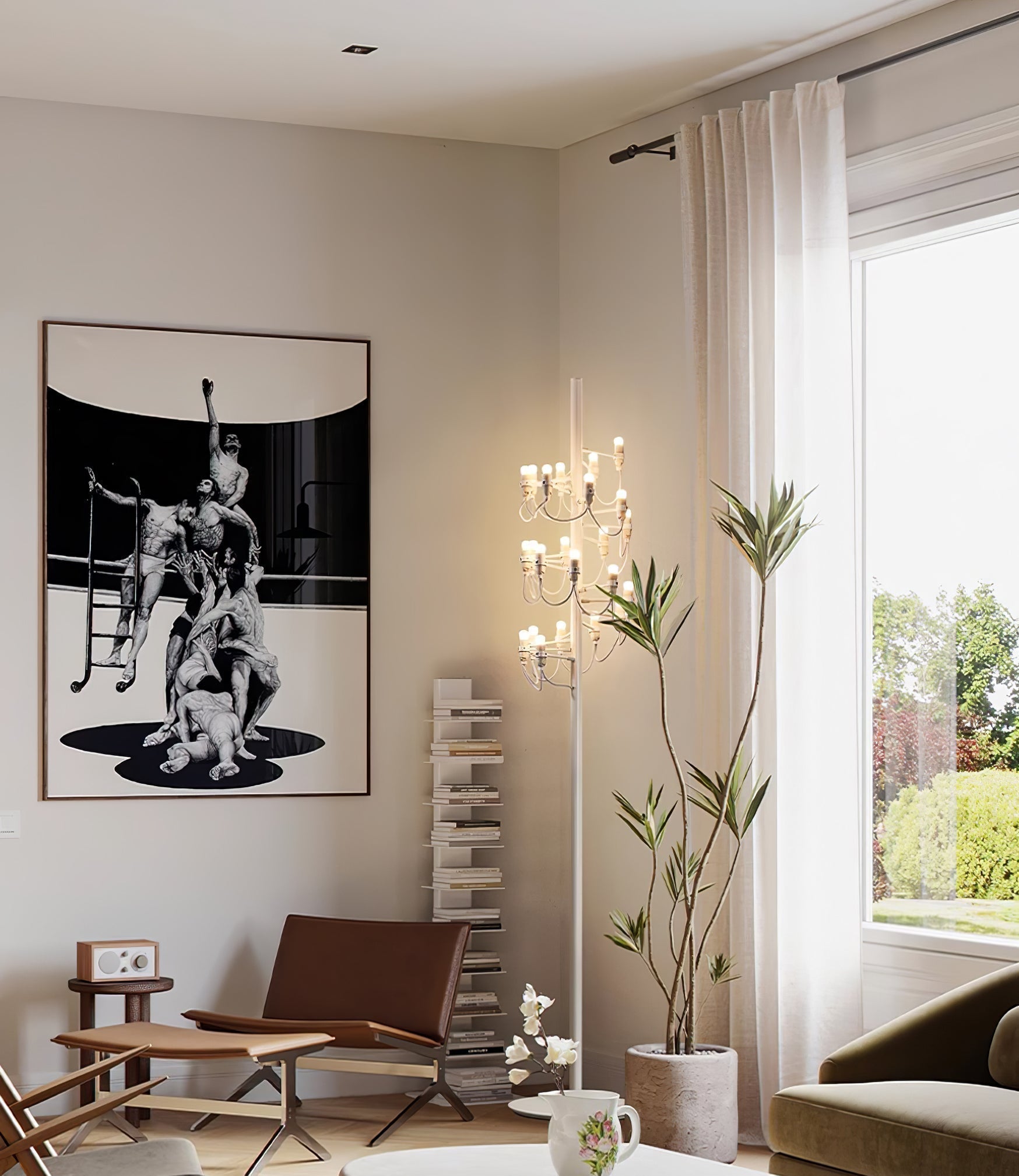 Modern Geometric Fruit Torchiere Floor Lamp with Polished Steel Structure Tall Standing Light