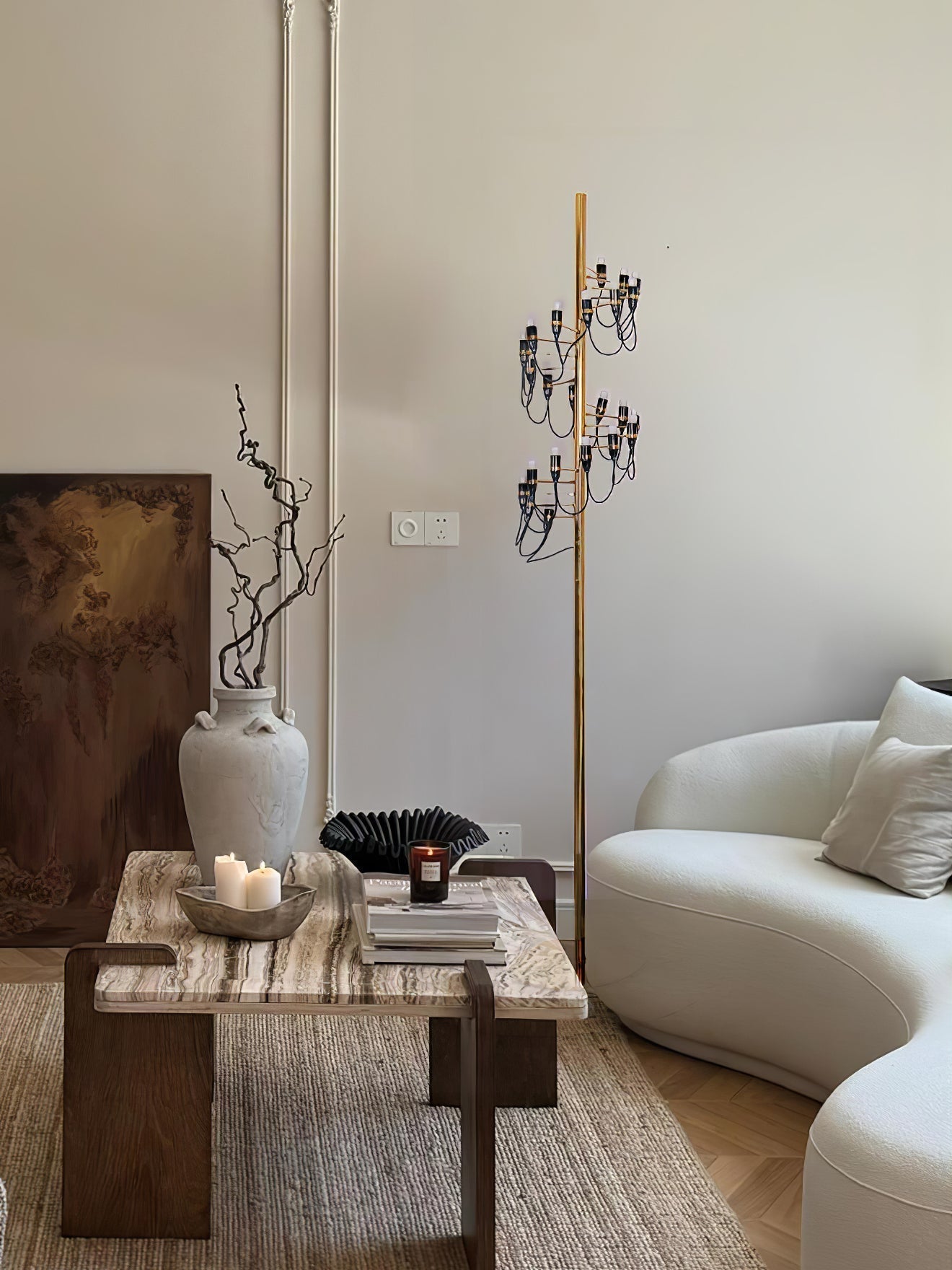 Modern Geometric Fruit Torchiere Floor Lamp with Polished Steel Structure Tall Standing Light