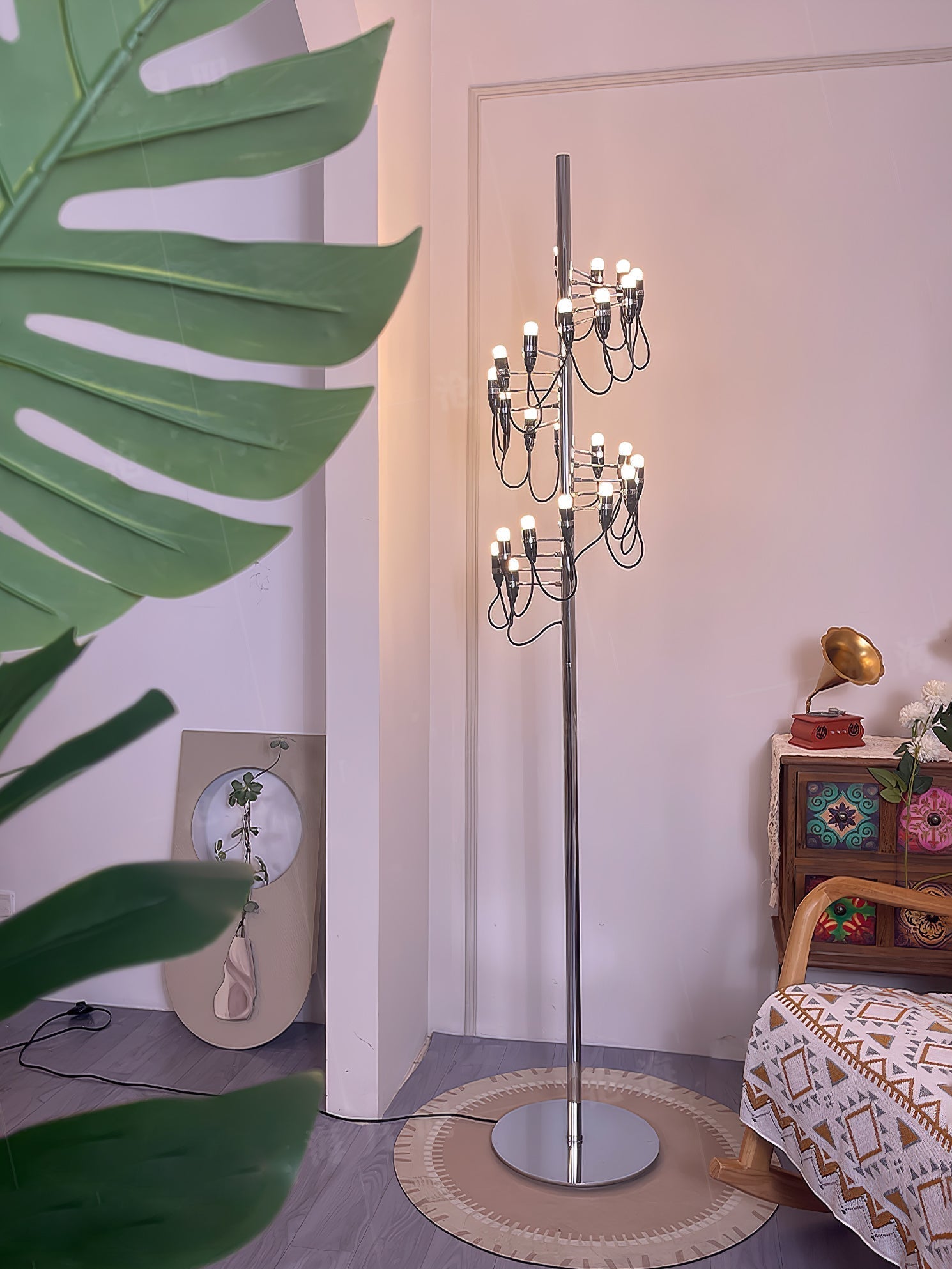 Modern Geometric Fruit Torchiere Floor Lamp with Polished Steel Structure Tall Standing Light