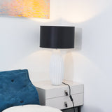 Elegant Fluted Ceramic Table Lamp with Linen Shade and Ribbed Body for Modern Nightstands