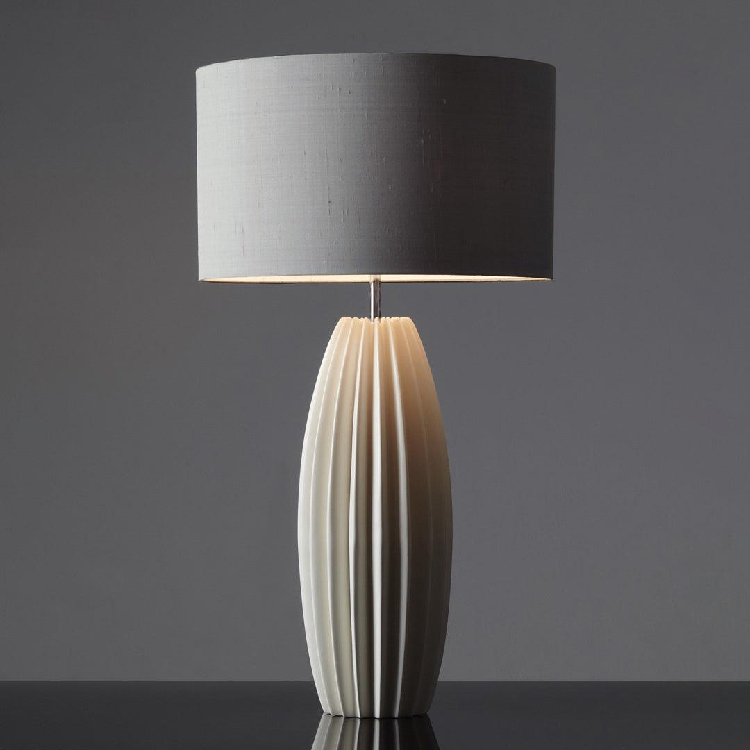 Elegant Fluted Ceramic Table Lamp with Linen Shade and Ribbed Body for Modern Nightstands