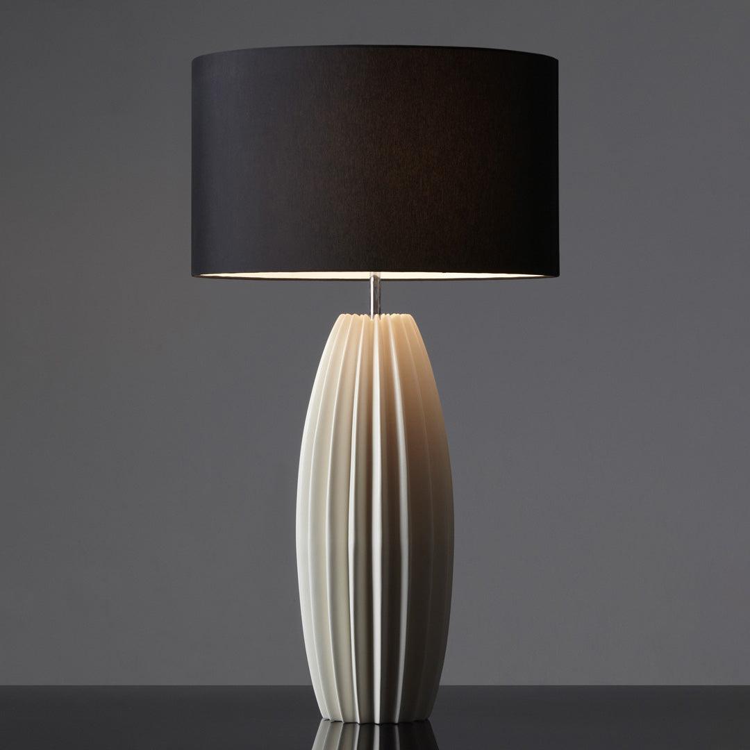 Elegant Fluted Ceramic Table Lamp with Linen Shade and Ribbed Body for Modern Nightstands