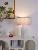 Elegant Fluted Ceramic Table Lamp with Linen Shade and Ribbed Body for Modern Nightstands