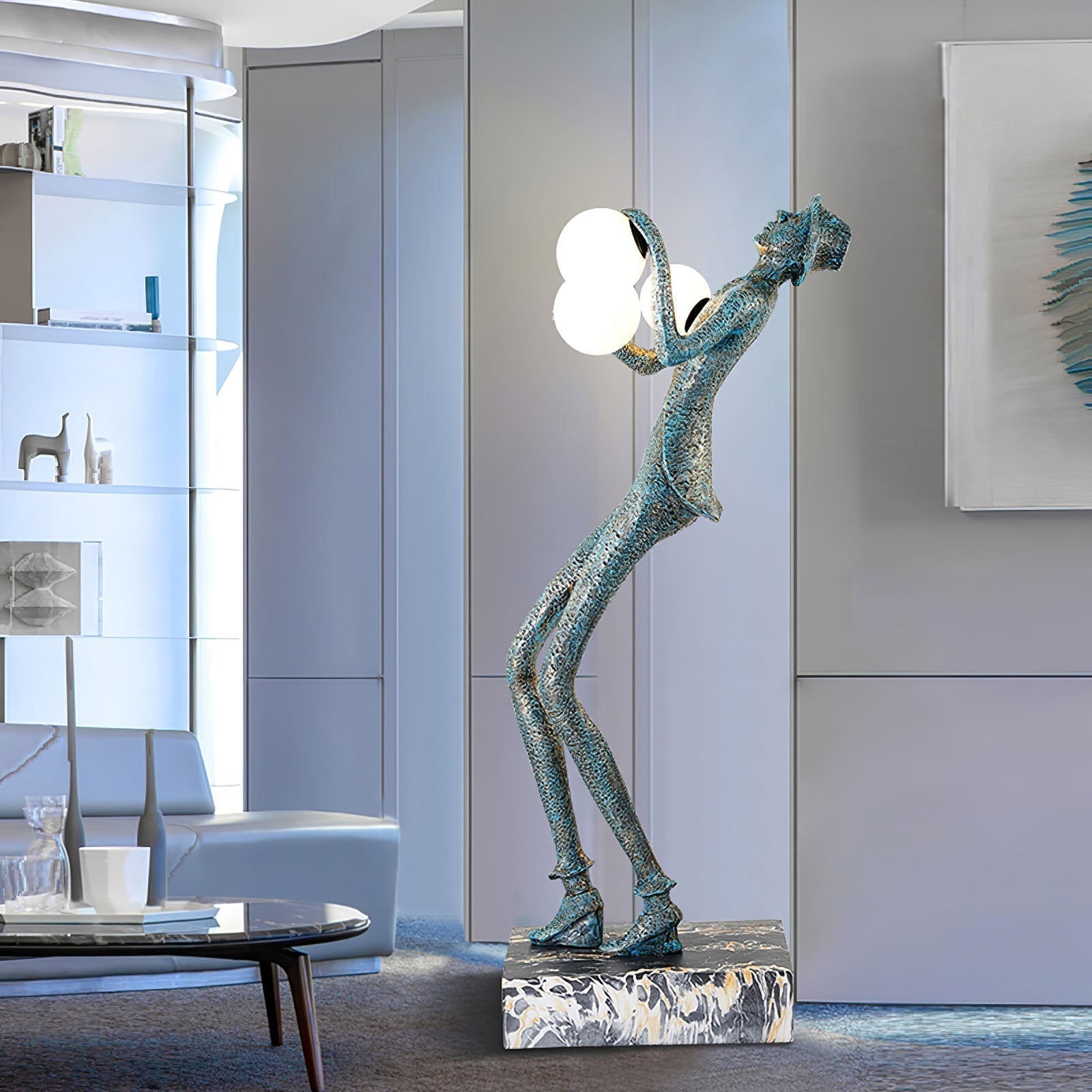 Modern Gentleman Sculpture Standing Floor Lamp with Glowing Glass Globes