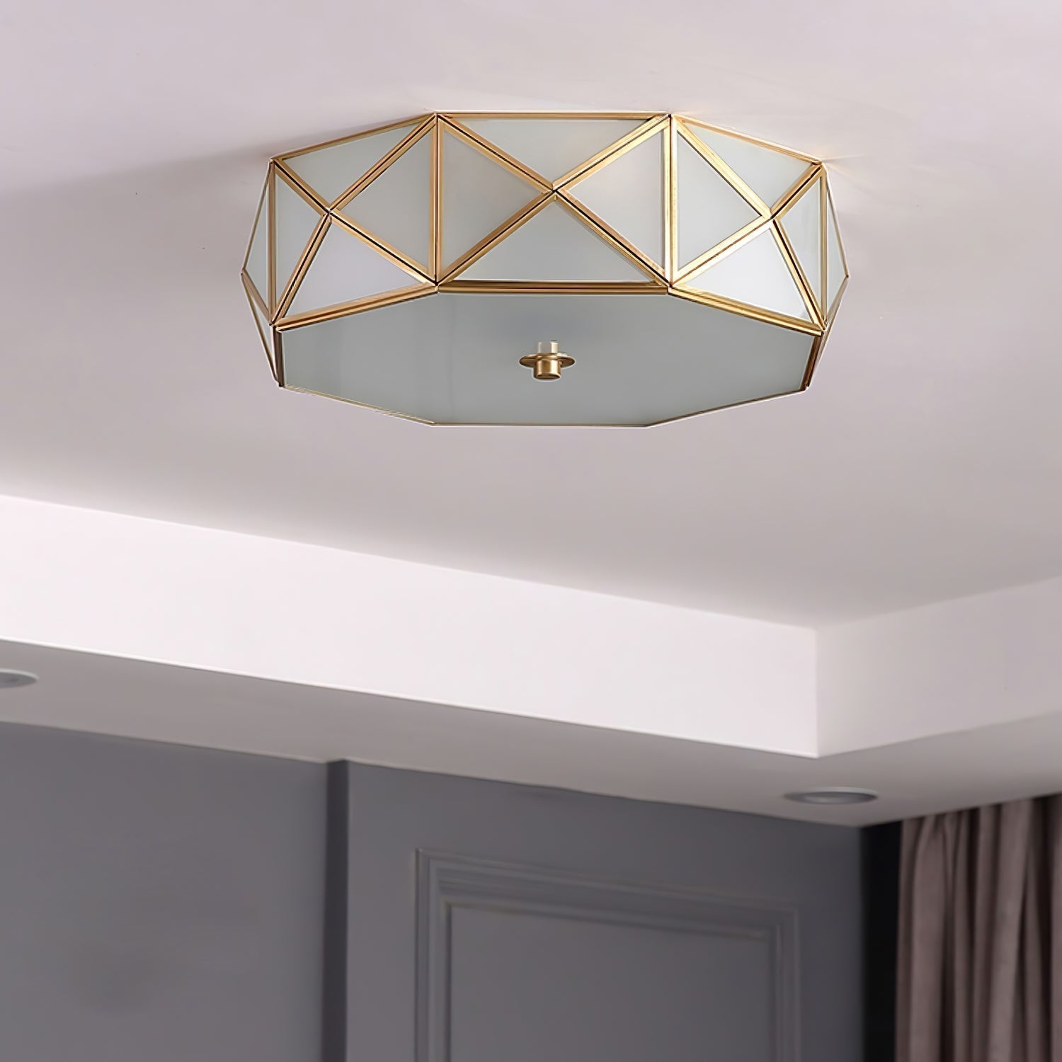 Modern Geometric Glass Flush Mount Ceiling Light Brass Gold Finish Mid Century Lighting