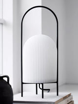 Modern Ghost Accent Table Lamp with Milk White Glass Dome and Portable Arched Metal Stand