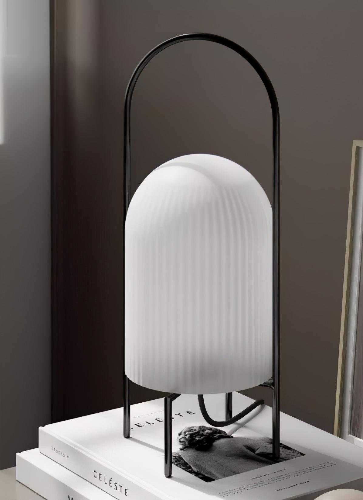 Modern Ghost Accent Table Lamp with Milk White Glass Dome and Portable Arched Metal Stand