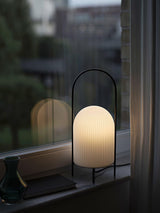 Modern Ghost Accent Table Lamp with Milk White Glass Dome and Portable Arched Metal Stand