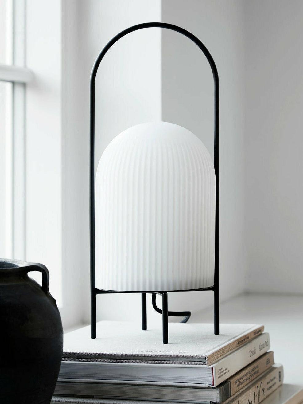 Modern Ghost Accent Table Lamp with Milk White Glass Dome and Portable Arched Metal Stand