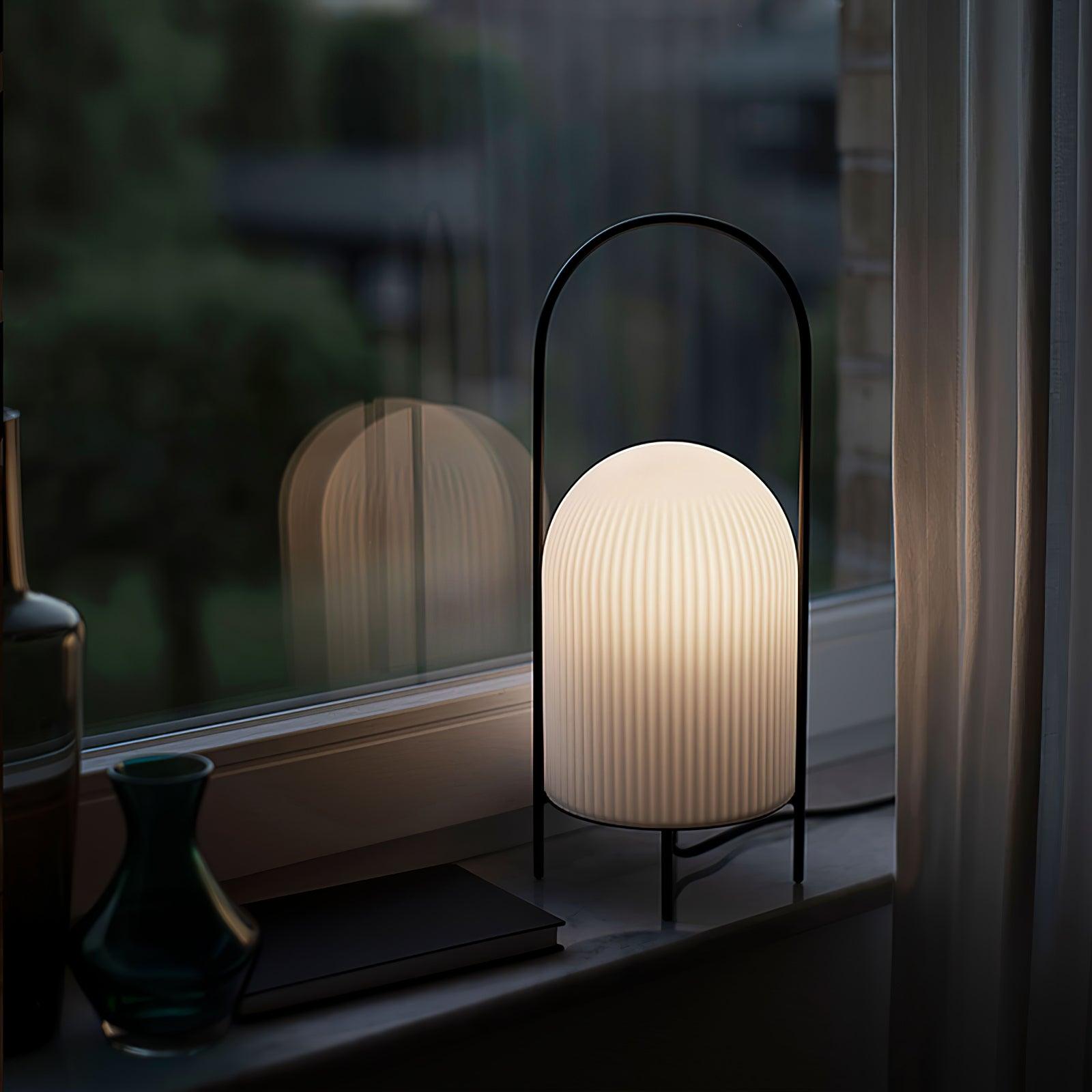 Modern Ghost Accent Table Lamp with Milk White Glass Dome and Portable Arched Metal Stand