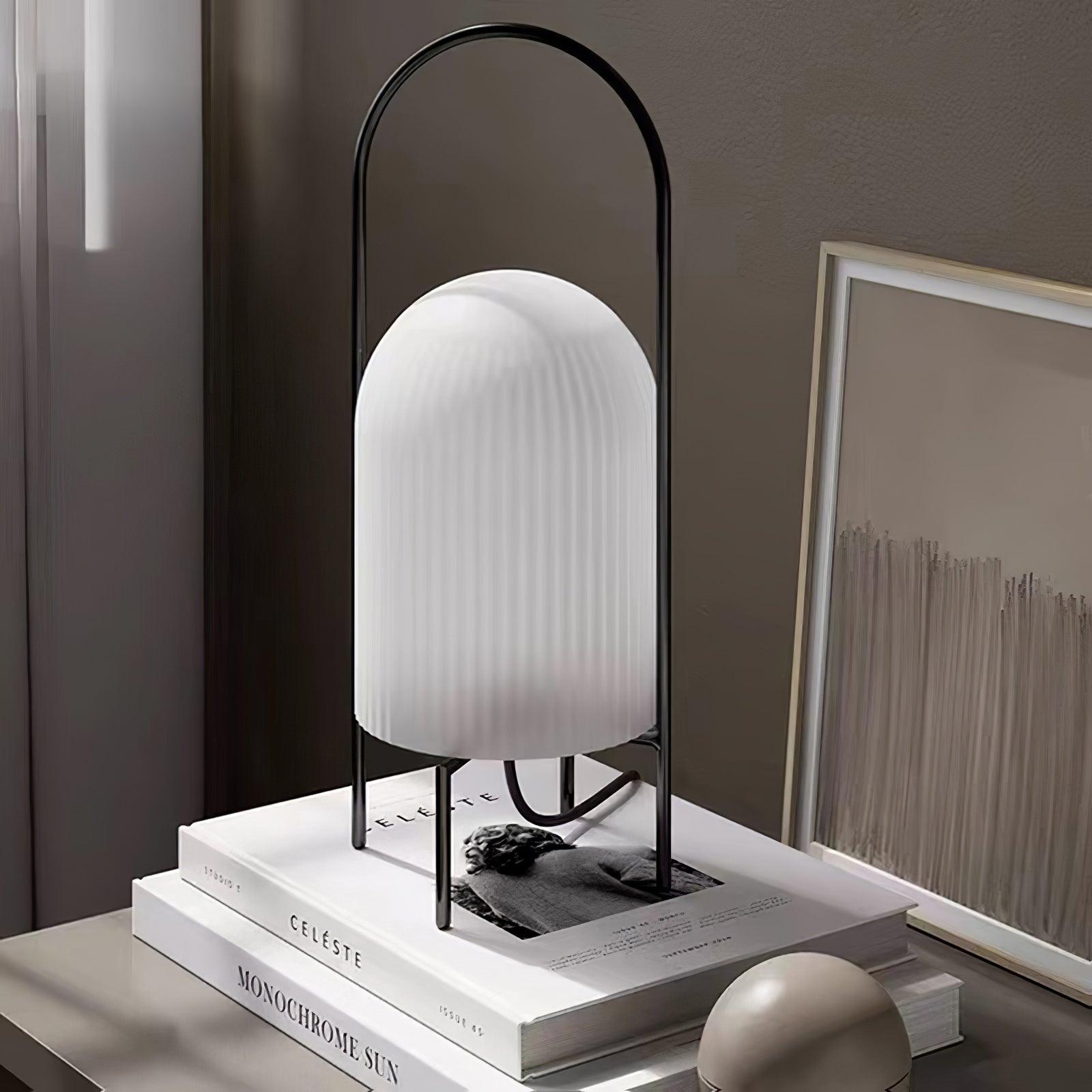Modern Ghost Accent Table Lamp with Milk White Glass Dome and Portable Arched Metal Stand
