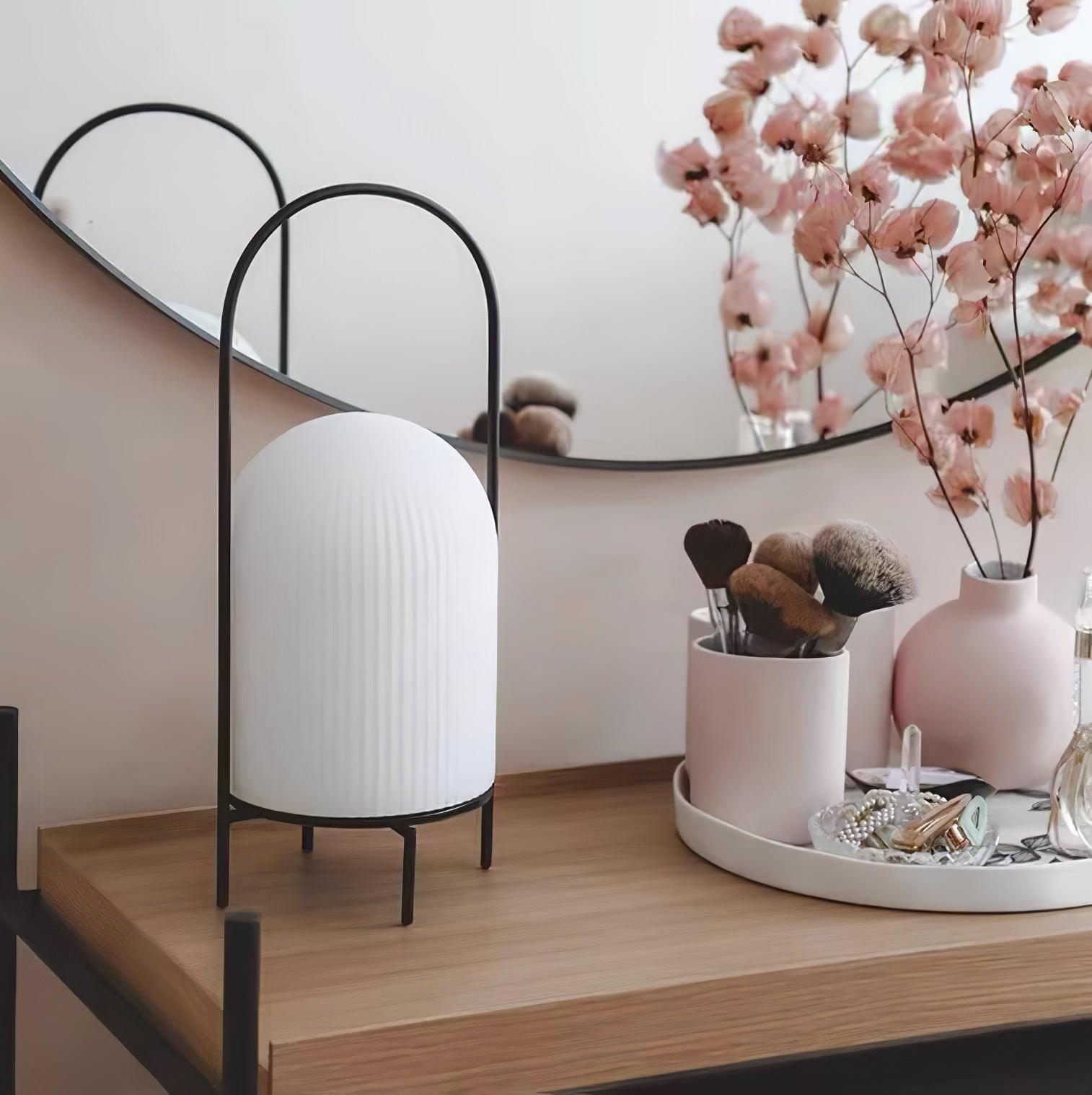 Modern Ghost Accent Table Lamp with Milk White Glass Dome and Portable Arched Metal Stand