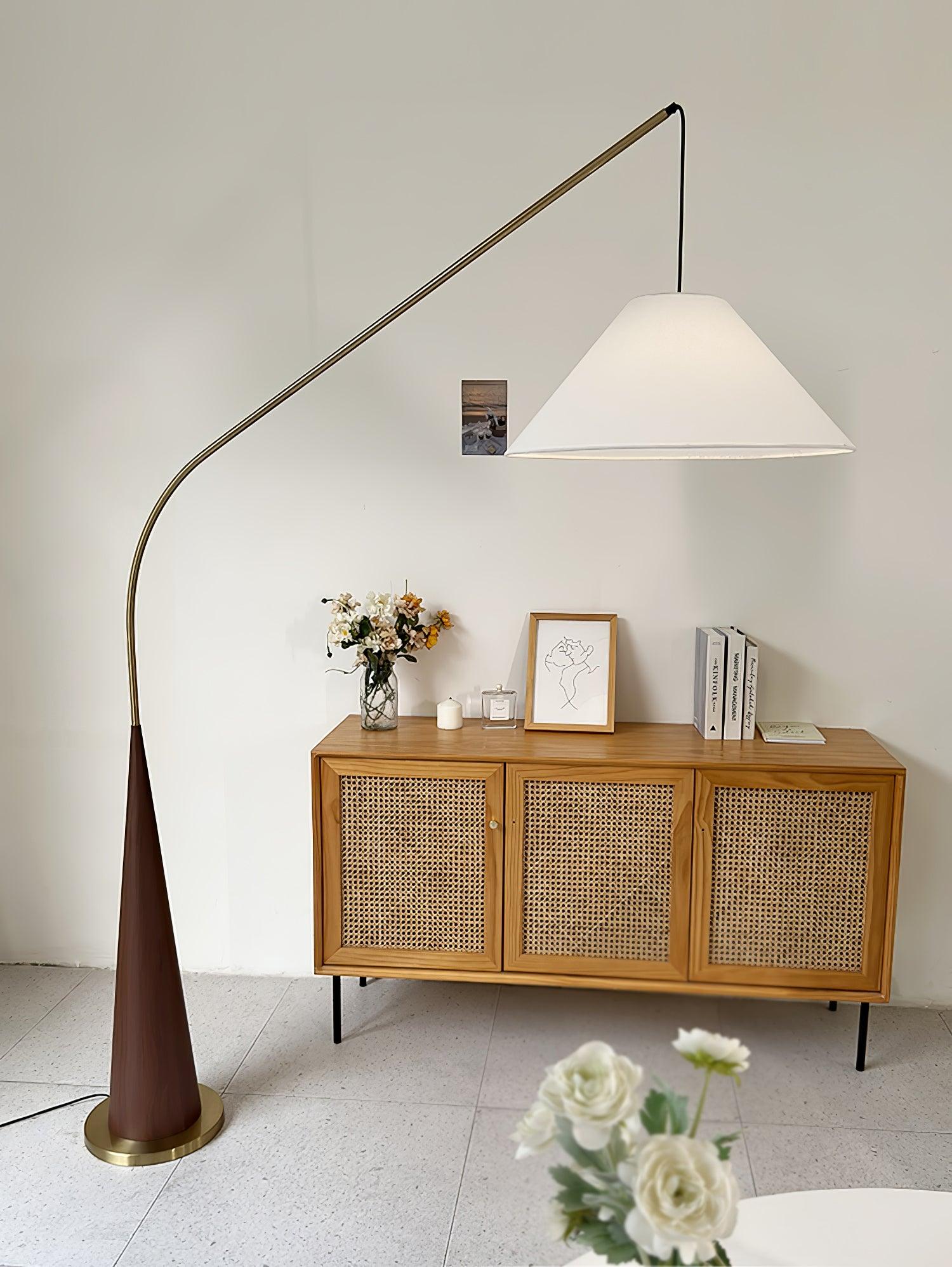 Modern Arching Floor Lamp with Wood Grain Finish and Golden Accents for Contemporary Living Rooms