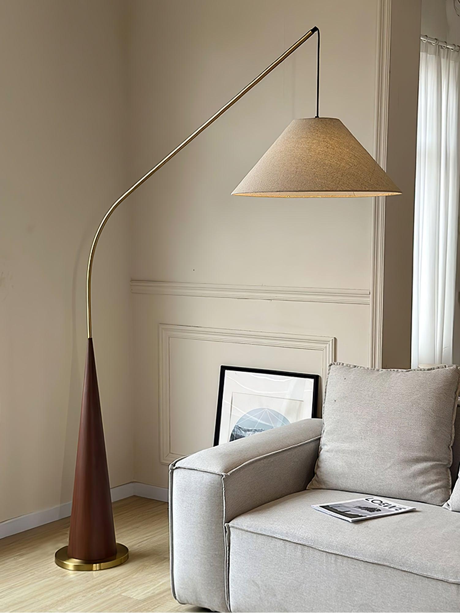 Modern Arching Floor Lamp with Wood Grain Finish and Golden Accents for Contemporary Living Rooms