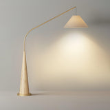 Modern Arching Floor Lamp with Wood Grain Finish and Golden Accents for Contemporary Living Rooms