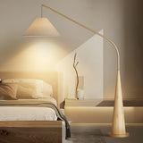 Modern Arching Floor Lamp with Wood Grain Finish and Golden Accents for Contemporary Living Rooms
