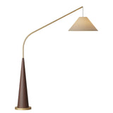 Modern Arching Floor Lamp with Wood Grain Finish and Golden Accents for Contemporary Living Rooms
