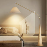 Modern Arching Floor Lamp with Wood Grain Finish and Golden Accents for Contemporary Living Rooms