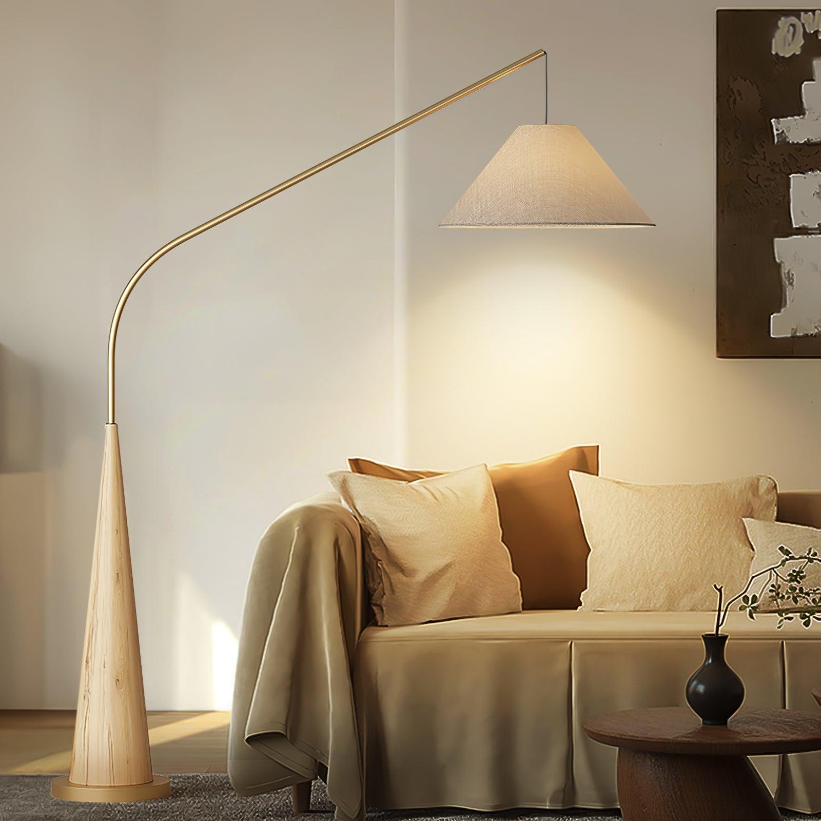 Modern Arching Floor Lamp with Wood Grain Finish and Golden Accents for Contemporary Living Rooms