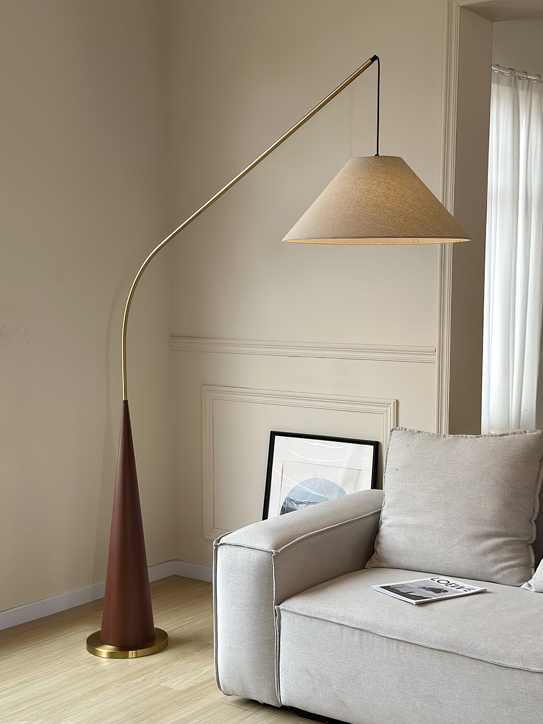 Modern Arching Floor Lamp with Wood Grain Finish and Golden Accents for Contemporary Living Rooms