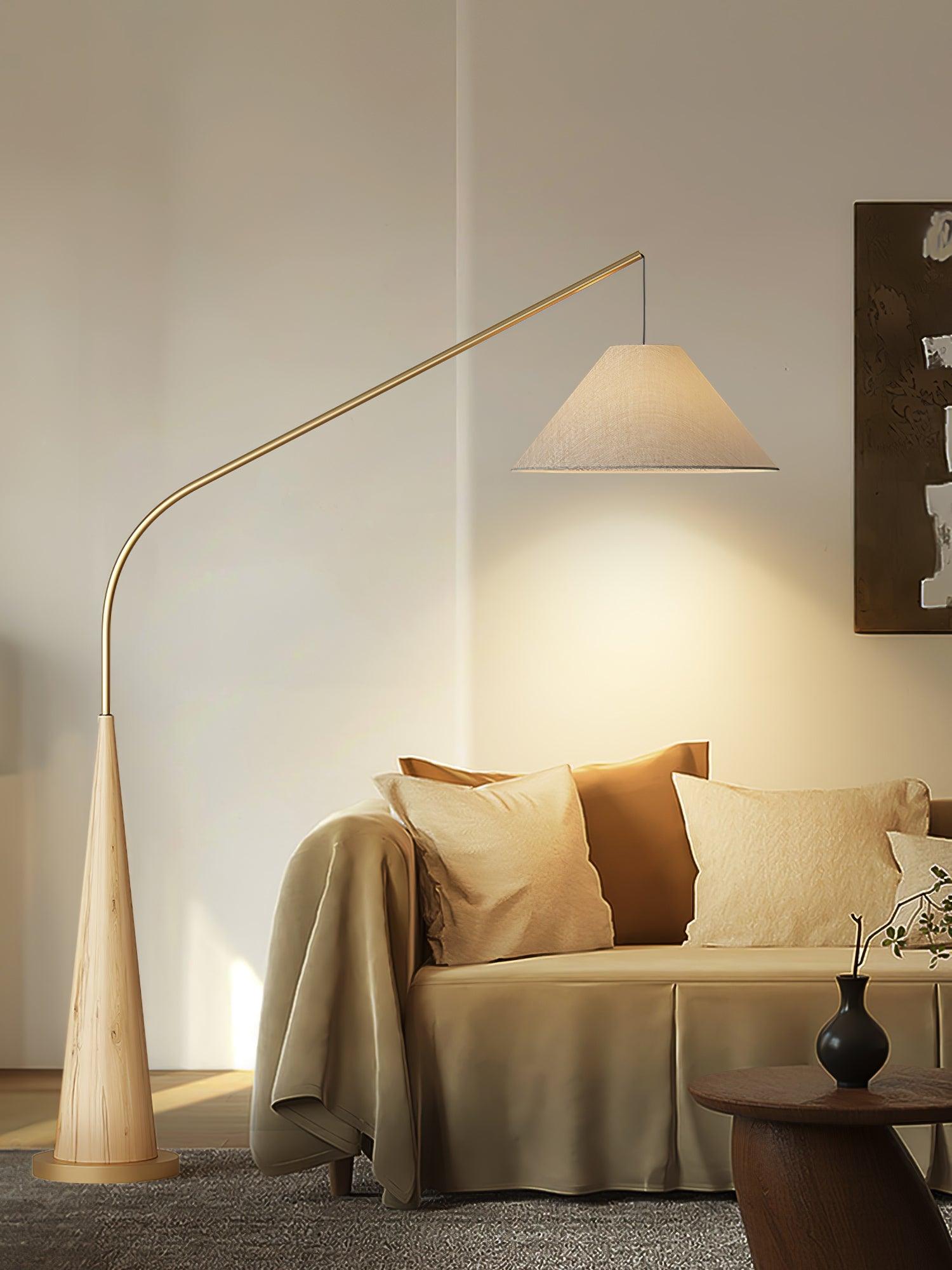 Modern Arching Floor Lamp with Wood Grain Finish and Golden Accents for Contemporary Living Rooms