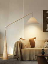 Modern Arching Floor Lamp with Wood Grain Finish and Golden Accents for Contemporary Living Rooms