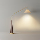 Modern Arching Floor Lamp with Wood Grain Finish and Golden Accents for Contemporary Living Rooms